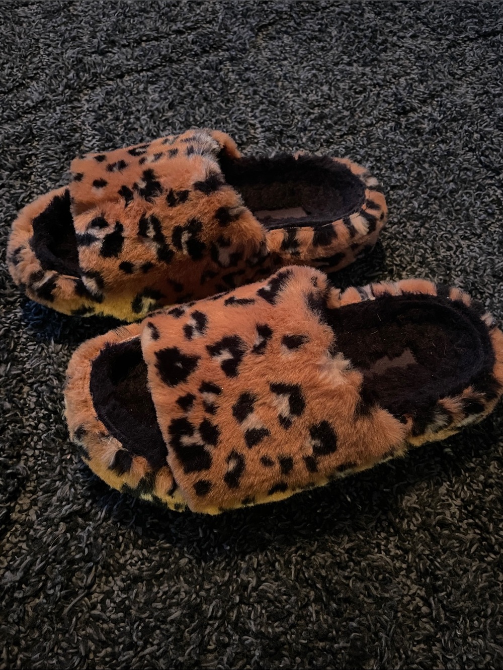 UGG Leopard Print Fuzzy Slide Slippers in Brown and Black